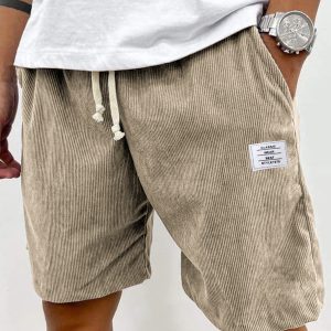 men's stylish corduroy simple embroidered logo casual lace up loose shorts